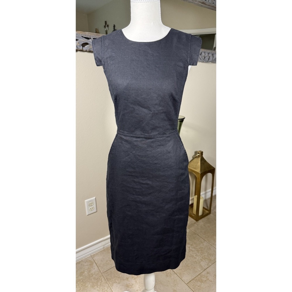 J Crew Womens Size 0 Black Linen Blend Sheath Dress Cap Sleeve Pockets Career